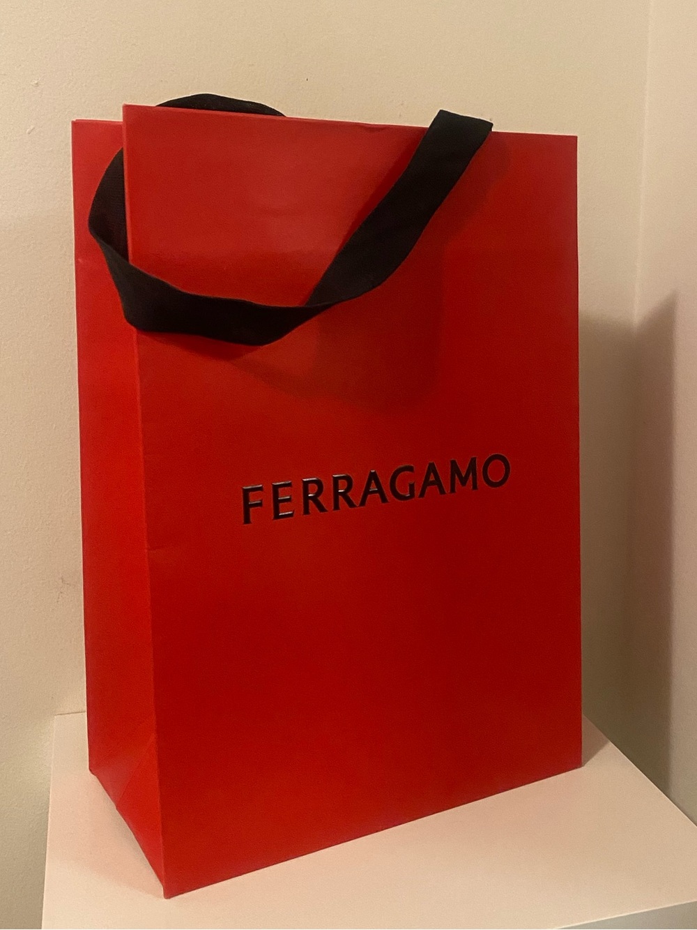 Salvatore Ferragamo Red Paper Shopping Bag with Black Ribbon Handles